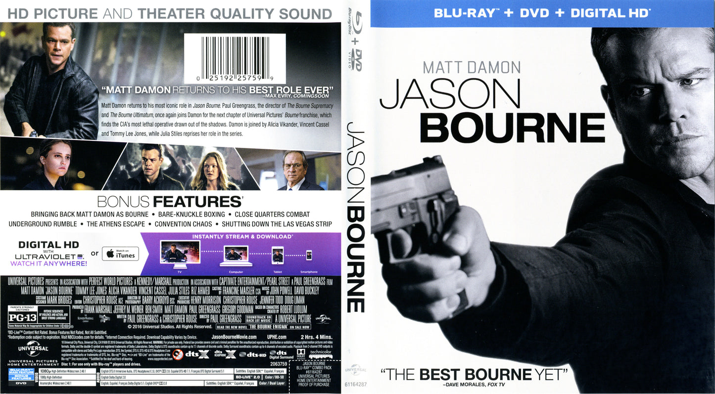 Jason Bourne - Blu-ray Digi Book Action/Adventure 2016 PG-13